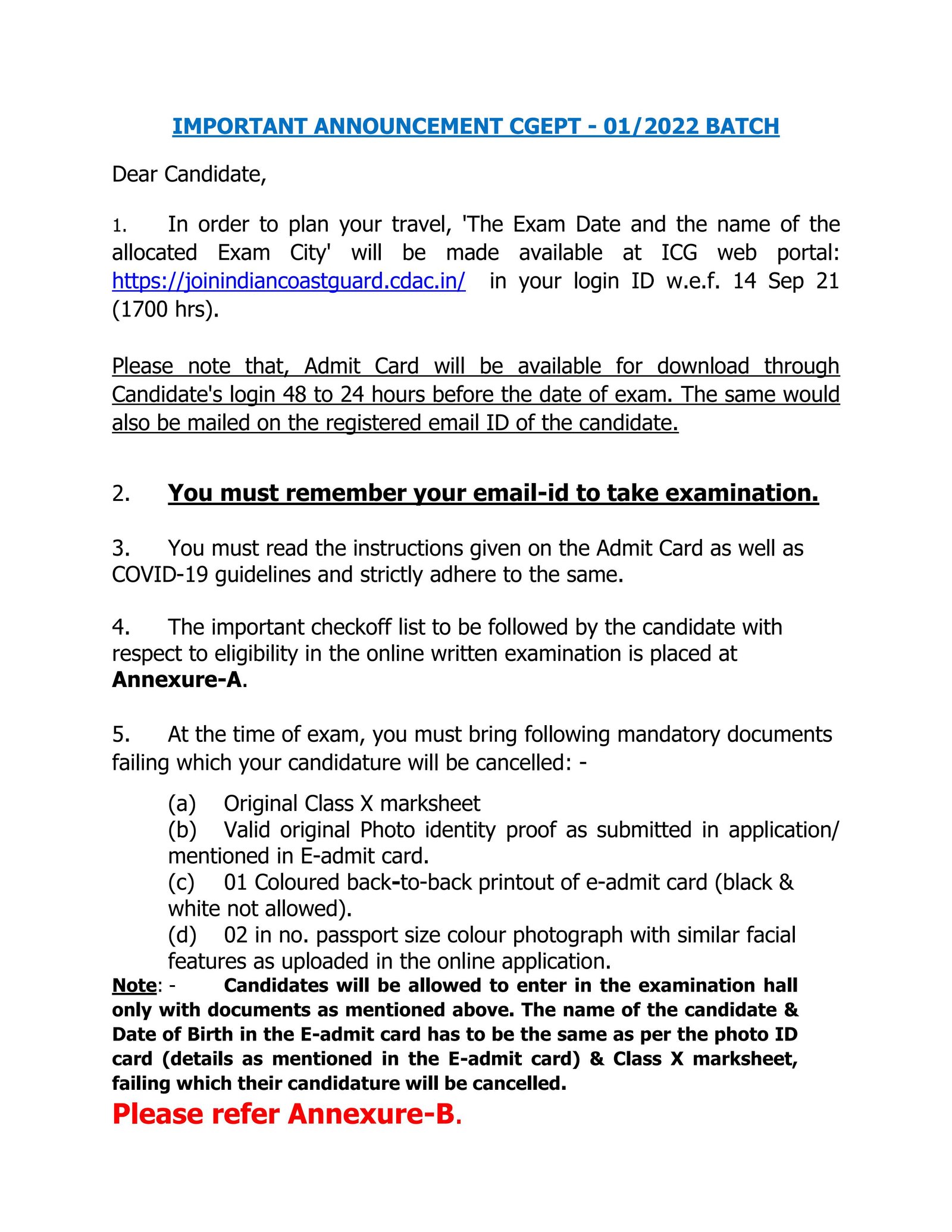 INDIAN COAST GUARD ADMT CARD